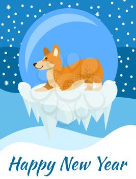 Happy New Year congratulation from corgi dog, poster on blue covered with falling snow. Vector illustration with cute smiling pet symbol of holiday