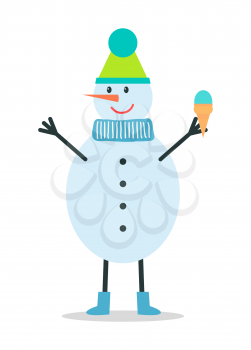 Snowman in winter hat and scarf, with buttons on belly holds ice cream in waffle cone isolated cartoon flat vector illustration on white background.