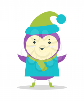 Small purple bird in sweater and warm hat with pompon isolated cartoon flat vector illustration on white background. Christmas animal in clothes.