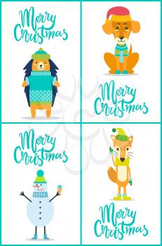 Merry Christmas, images of dog and snowman, hedgehog and fox, all wearing warm clothes because of winter weather, isolated on vector illustration