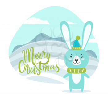 Merry Christmas card with hare on winter landscape dressed in woolen knitted scarf. Vector illustration with congratulation from friendly cute animal