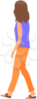 Woman walking and looking at something behind her. Back view of girl vector illustration isolated on white background. Female character with long dark hair, dressed in pants and blue shirt during walk