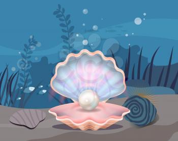 Underwater ocean fauna with fishes and seaweed. Ocean bottom with marine life reprsentatives. Marine underwater world vector illustration. Seafloor, undersea, seabed with huge shell and pearl