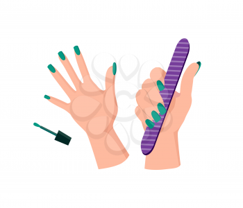 Green manicure on female hands that hold striped nail file and brush from nail polish beside isolated cartoon vector illustration on white background.