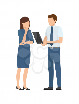 Man and woman discussing startup project issues vector illustration of business people isolated on white. Male with notebook and thoughtful woman