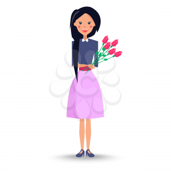 Young woman with long hair in blue blouse and purple skirt stands and holds bouquet of roses vector illustration in flat style