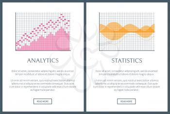Analytics and statistics set, web sites collection with text sample and headlines, curved lines, buttons, analytics and statistics vector illustration