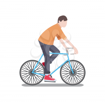 Man riding bicycle poster with bicycle and healthy lifestyle, activities and leisure, man on transport, biker and bike isolated on vector illustration