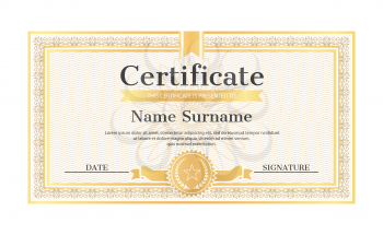Certificate template editable name and surname, date and signature, realistic certificate sample in golden frame, water marks and seal with star vector
