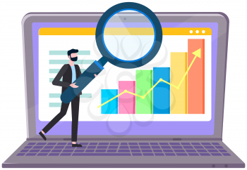 Working businessman vector, business plan and strategy. Male character with magnifying glass analyzes business data, conducts statistical research. Online statics, data analysis, computation, planning