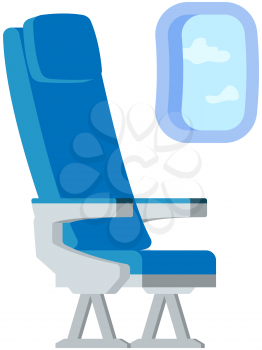 Comfortable blue seat and porthole in airplane isolated on white background. Airplane passenger place near window. Passenger seat in aircraft cabin. Furniture and equipment in plane during flight