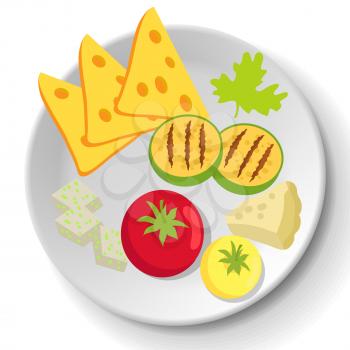 Grilled vegetables on plate. Tomato, squash, cheddar and brie platter. Healthy dish of fresh food. Dish for restaurant, dishware with food. Assorted vegetables and cheese on plate vector illustration