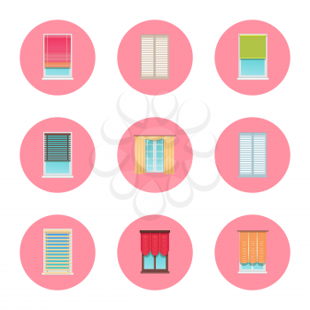 Windows and curtains set, home interior collection of objects and jalousie, circled icons set, home interior vector illustration isolated on white