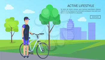 Active lifestyle internet page with text and button city and bicyclist smiling, trees and sky with clouds, skyscrapers isolated on vector illustration