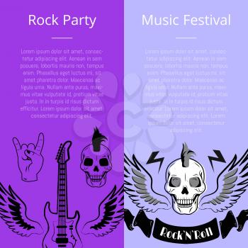Rock party music festival collection of posters. Vector illustration of skulls with mohawk, electric guitar with wings, sign of horns and lightnings