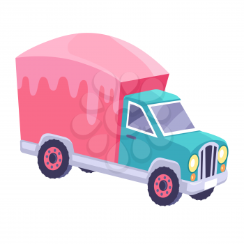 Funny truck with pink pink glazed container vector icon. Cargo car for sweets delivering cartoon illustration isolated on white background