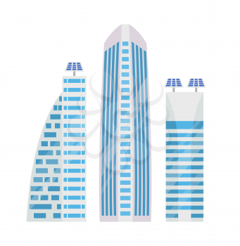 Skyscrapers with solar batteries, modern city elements, modern city skyscrapers with windows and contemporary roofs, isolated on vector illustration