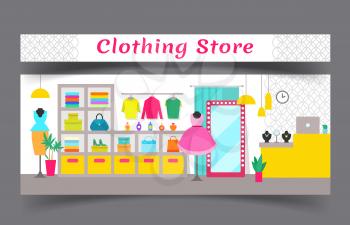 Clothing store composition, poster with items for women, dress and bags, sweaters and perfumes, shelves with objects, isolated on vector illustration
