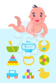 Lying on bright blue floor newborn with toys and dishware, vector illustration with cute happy child, bowl and spoon, ball and duck, car and pyramid