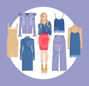 Woman and choice of clothes, blonde looking at clothes, dresses and trousers with blouse, circled image with lady, isolated on vector illustration