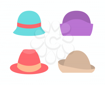 Set of female hats summer spring autumn mode collection vector illustration isolated on white. Headwear items for women, stylish caps modern accessories