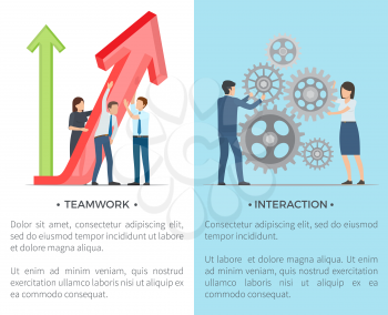Teamwork and interaction collection of posters. Isolated vector illustration of white-collar workers holding large red arrow and spinning cogwheels
