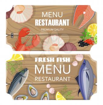 Menu restaurant, premium quality, fresh fish and menu of restaurant, slice of lemon and dill, crayfish and shell, isolated on vector illustration