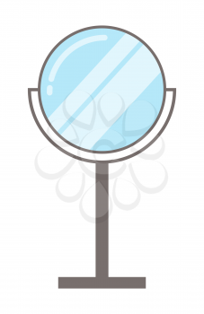 Round shiny mirror on metal stand for make-up isolated cartoon flat vector illustration on white background. Reflective surfacein iron framework.