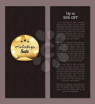 Up to 50 off holidays sale golden sticker round glittering sale label isolated on wooden background. Best offer holiday cover design on wood backdrop
