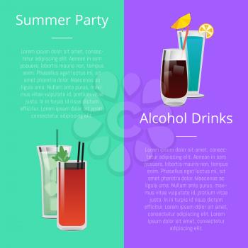 Summer party alcohol drinks poster with bloody mary cocktail, whiskey or vodka cola, blue lagoon and mojito beverage in transparent glasses vector banner
