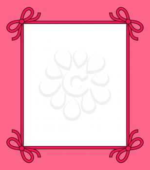 Frame of square shape with bows, made up of ribbons on each corner of it, filled with white color inside on vector illustration isolated on pink