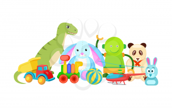 Panda and rabbit collection of toys, toys for kids, robot and dinosaur, helicopter and ball, car and steam train, isolated on vector illustration