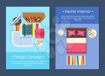 Design concept and home interior set of web pages with furniture in living room and bedroom such as sofa, tv set, bed and carpet vector illustration