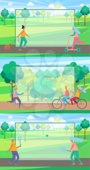Set of three posters with people play games, ride bike, run on roller skates or kick scooter. Vector illustration with frame for text in center of each poster
