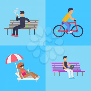 People activities at amusement park, person sitting on bench and smoking, person riding bicycle and woman lying under umbrella vector illustration