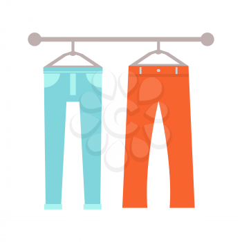 Trousers placed on hangers set, poster with pants for man and women, jeans and elegant clothings, vector illustration isolated on white background