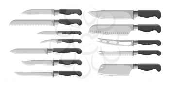 Knives collection kitchenware, set of knives with handles of black color, objects with sharp blades, vector illustration isolated on white background