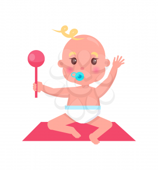 Little blond newborn baby with blue pacifier and pink rattle sits on soft square rug isolated cartoon flat vector illustration on white background.