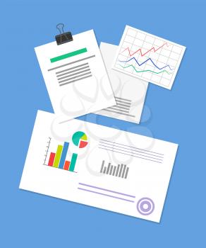 Pinned document, business strategy illustration, vector banner with analytics documents, growth charts, colorful diagrams, business data visualization