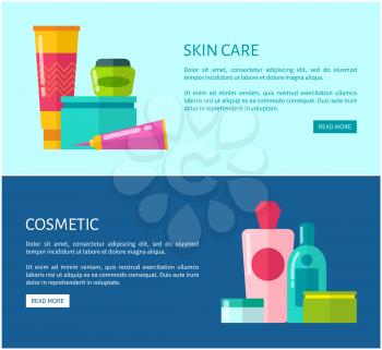 Skincare cosmetic promotional Internet banners with facial creams, aromatic shower gels and fresh tonics vector illustrations beside sample texts.