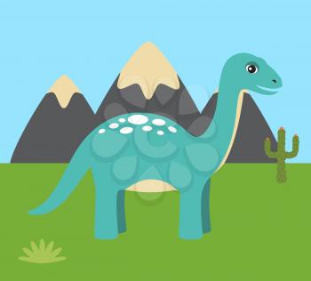 Prehistoric creature and nature dinosaur with long neck and tail, cactus and green grass, clear sky and mountains view isolated on vector illustration