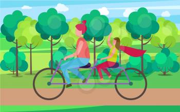 Loving mother and teenage daughter on tandem bicycle in peaceful park vector illustration. Cartoon style female cyclists enjoying ride on sunny day