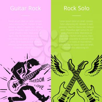 Guitar rock and solo posters with text vector illustration. Logo silhouettes of man playing on guitars and crossed musical instruments with wings