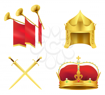 Golden medieval symbols 3d icons set. Gold crown with gems, knight helmet, crossed shiny swords and trumpets with flags realistic vector illustrations isolated on white background