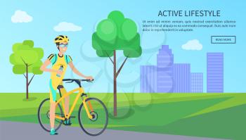 Cute cyclist with bottle on yellow bike, active lifestyle, vector illustration with man in bright suit, pair of trees, summer time, city landscape