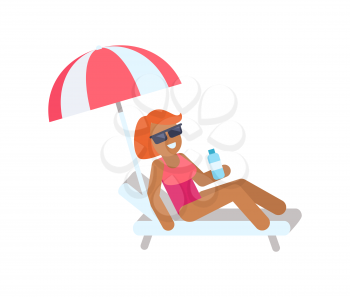 Cute woman on vacation, color vector illustration, outdoor rest banner, striped umbrella and white lounger, water bottle, happy girl on summer rest
