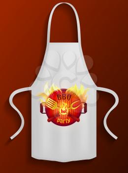 Protective garment for cooking. Safety clothing for barbecue cookery. Apparel for grilling. White apron with barbecue restaurant logo image. Apron for cooking in kitchen and protection of clothes