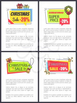 Christmas super price -20 , set of posters with text sample and headlines with icons of bell and mistletoe, wreath and presents vector illustration