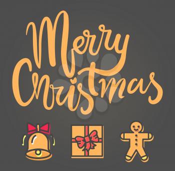 Merry Christmas bright poster with festive icons on gray background. Vector illustration with ringing bell with red bow and cute smiling cookie person