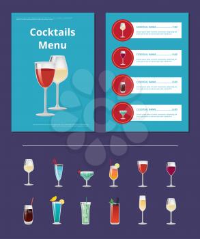 Cocktails menu bar layout with alcoholic beverages in shine wineglasses. Vector illustration with design of front page and content of menu